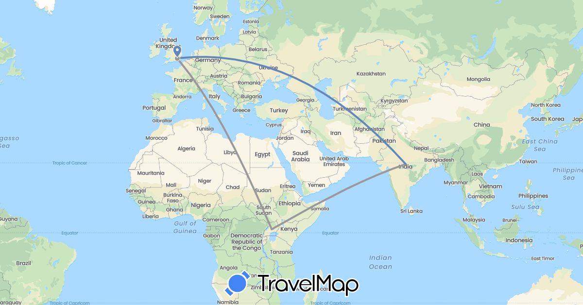 TravelMap itinerary: driving, plane, cycling in United Kingdom, India, Uganda (Africa, Asia, Europe)
